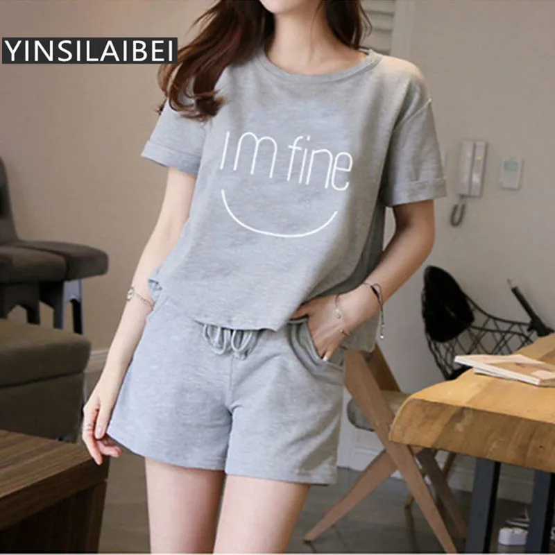 

YINSILAIBEI Letter Printed Korea Fashion Short Sleeve Shorts Pajamas Set for Women Female Sleepwear Home Clothing #0