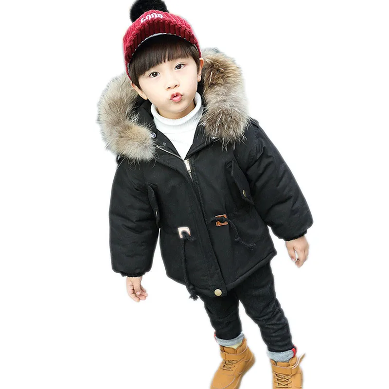 

2018 Autumn Winter Baby Boys Down Cotton Coats Children Warm Thick Jackets Kids Real Fur Collar Hooded Outerwear Overcoat P69