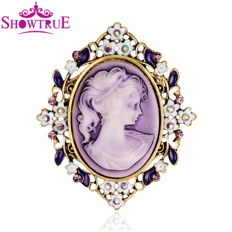 Showtrue Марка Кристалл Rhinestone Винтаж красивые Queen Камея Броши для леди шарф кулон Broche