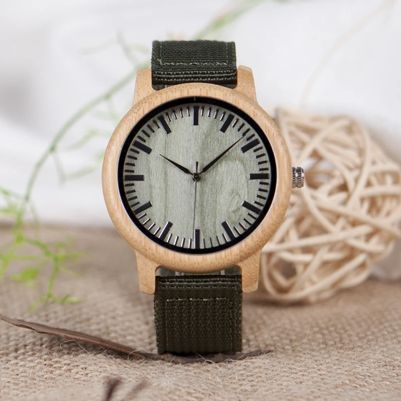BOBO BIRD V-D11 Mens Bamboo Wooden Quartz Watches Green Wooden Face Green Nylon Strap Quartz Watch relojes hombre