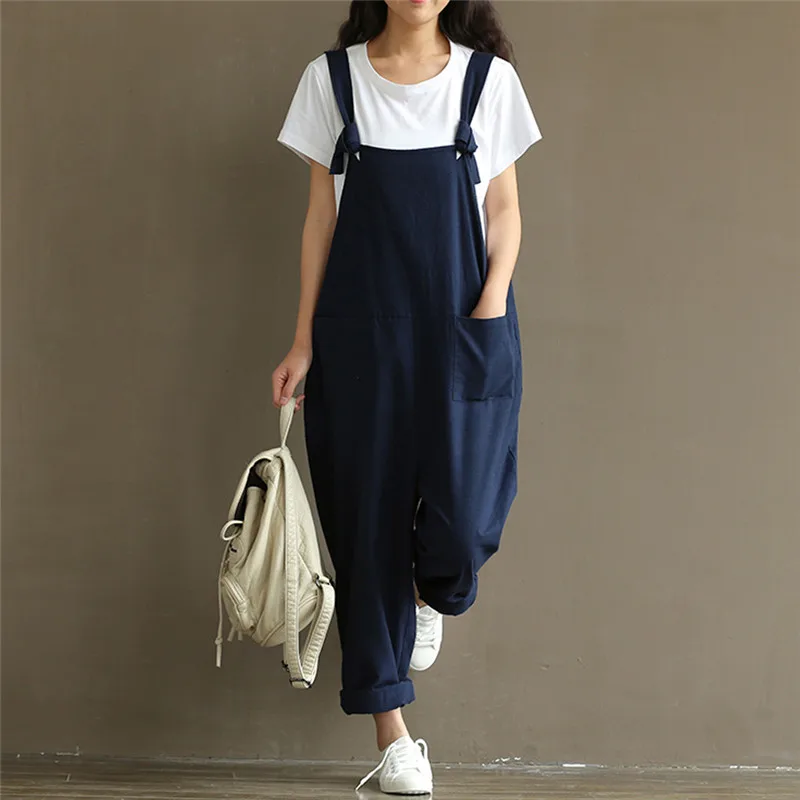

Plus Size Womens Casual Loose Linen Cotton Jumpsuits Ladies Vintage Sleeveless Dungaree Female Pants Suspender Trousers Playsuit
