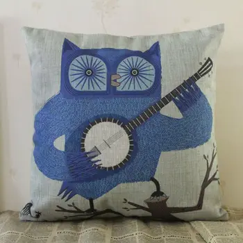 

LINKWELL 18x18 inches Cartoon Blue Owl on Wood Play Zheng Chinese Zither Burlap Pillowcase Cushion Cover for Kid Room Decoration