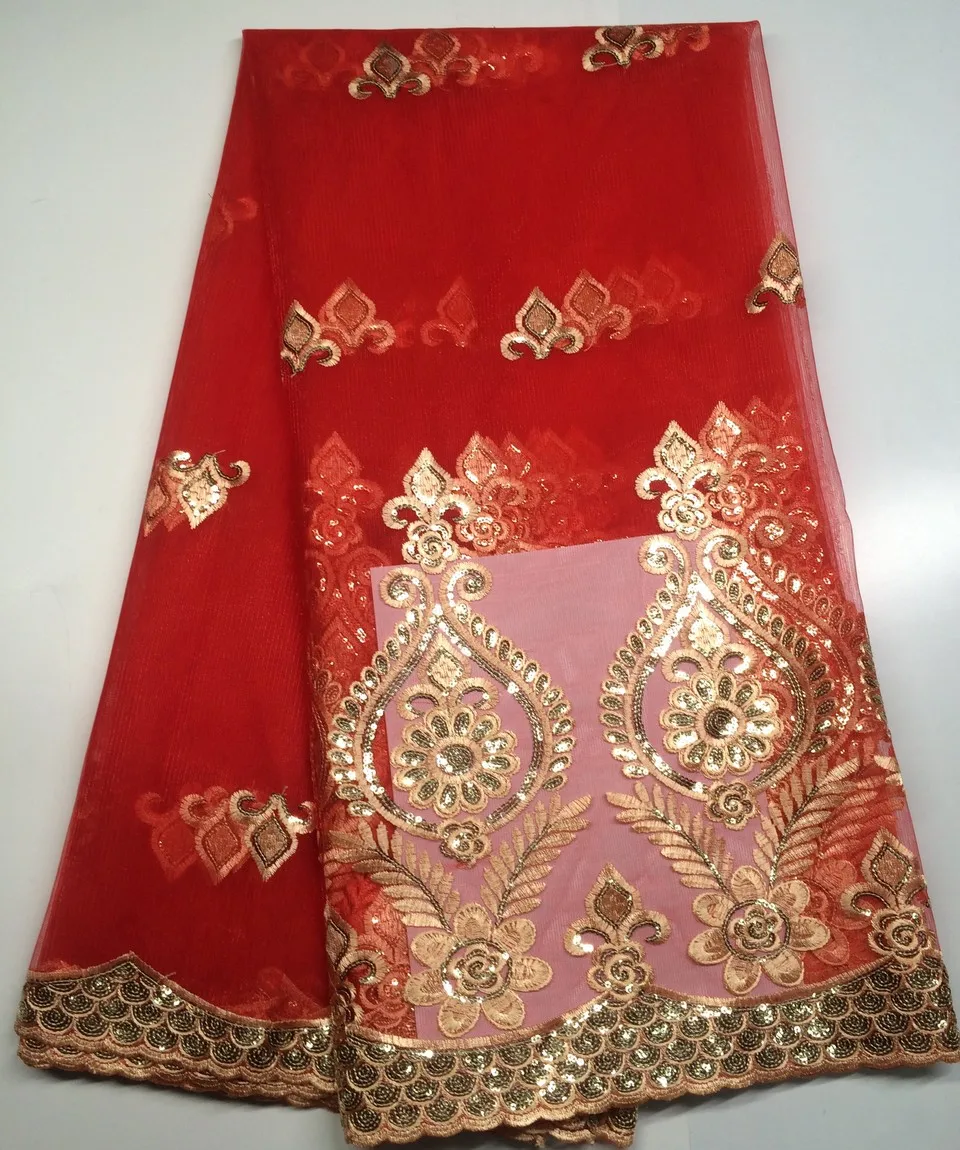 

Red Indian George Fabrics 2019 High Quality African George Fabric With Guipure Hand cut Sequin George Lace YX052
