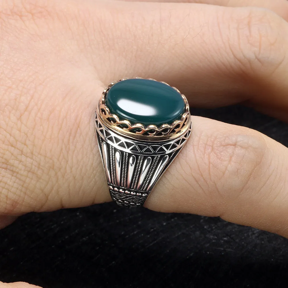 Настоящее чистое 925 серебряное кольцо, крутые ретро роскошные большие турецкие кольца для мужчин с зелеными красными тигровыми глазками, винтажные турецкие ювелирные изделия - Цвет основного камня: Green