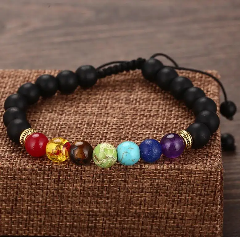 Классические браслеты из чакры для женщин и мужчин из натурального камня лавы, плетеный браслет с нитью, 5 стилей, очаровательные бразильские украшения для йоги - Окраска металла: Matte