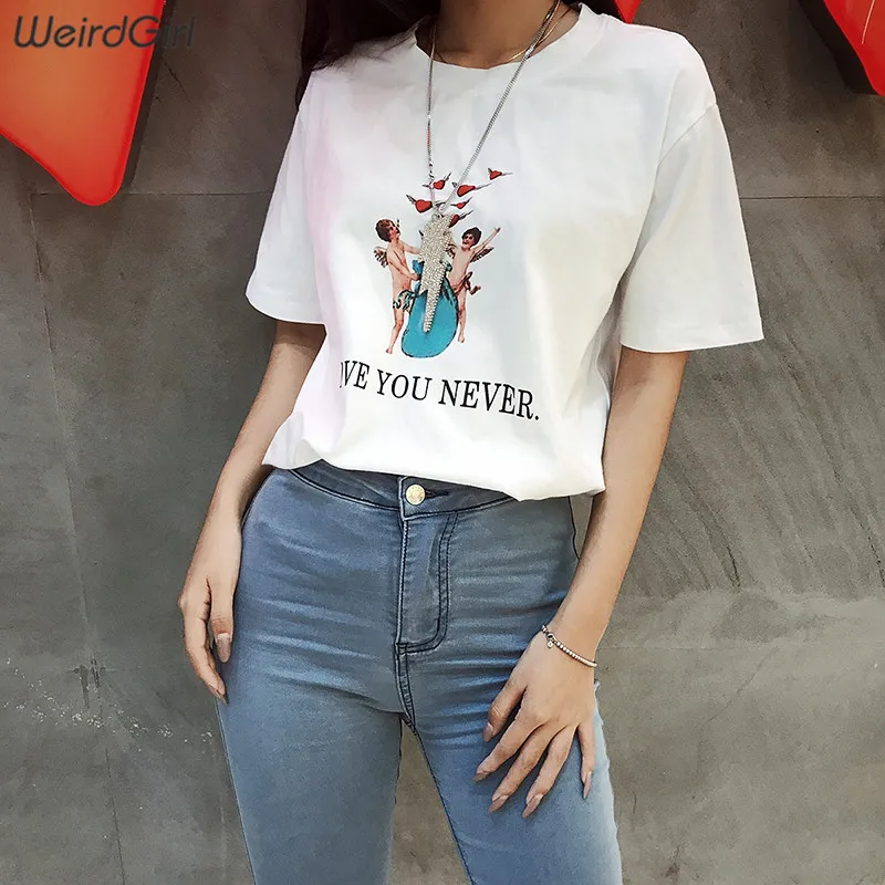 

Weirdgirl women baby angel printing letter short sleeve t-shirts casual fashion o-neck tops femme tees loose streetwear summer