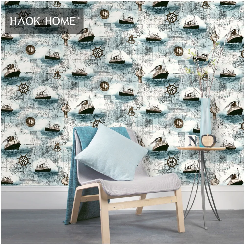 

HaokHome Vintage Ancient Navigation Wallpaper Self Adhesive Peel & Stick contact paper Blue/Beige Contact Paper for kids room