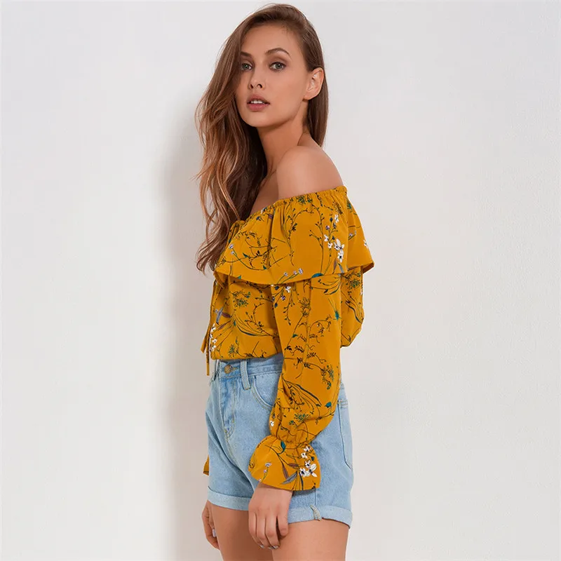RIISDA Women Slash Neck Shirt Chiffon Print Ruffles Sleeved Blusas Casual Shirts For Womens Blouses Female Spring Summer Tops  (5)