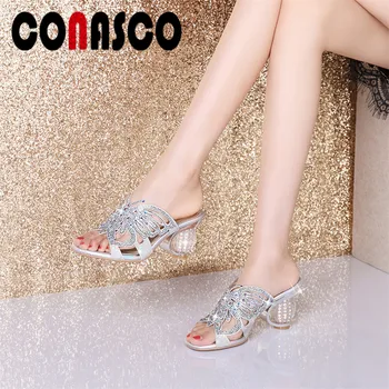 

CONASCO 2019 Summer New Rome Peep Toe Strange Style Women Sandals Blingbling Crystal Sheepskin Slip on Party Casual Shoes Woman