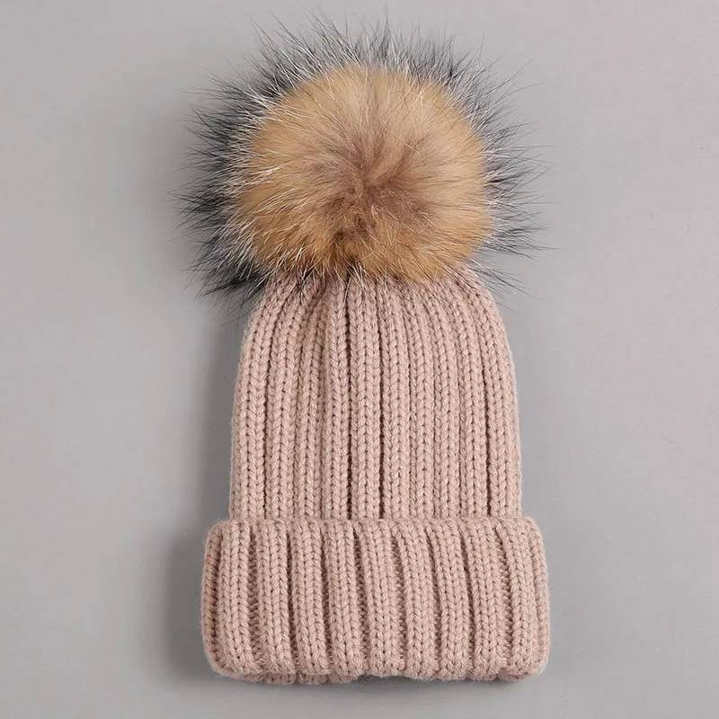 kid hat with fur pompom beige 1