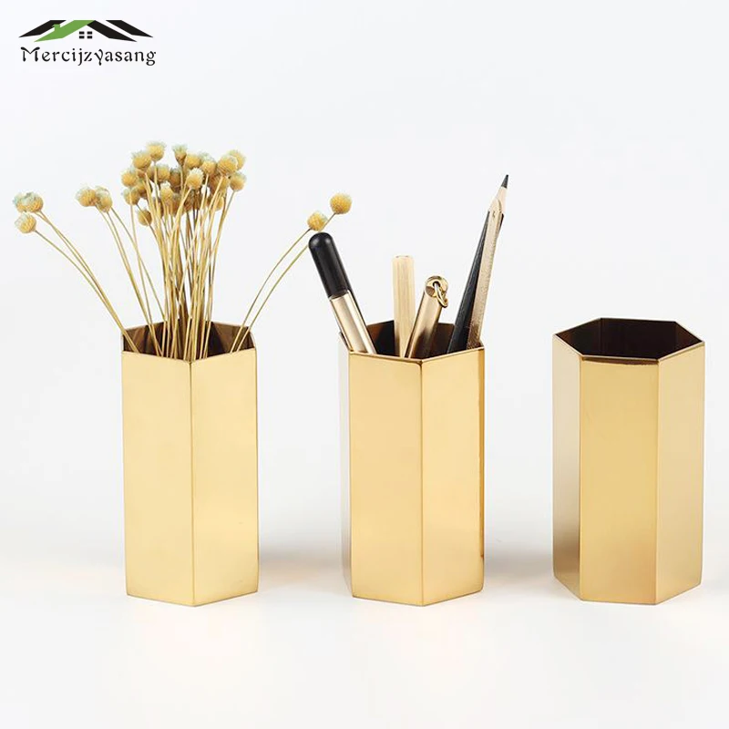 

Flowers Vases Centerpiece Six Rib Vase Stainless Steel Gold Tabletop Pen Flower Holder for Home/Wedding Decoration Gifts G033