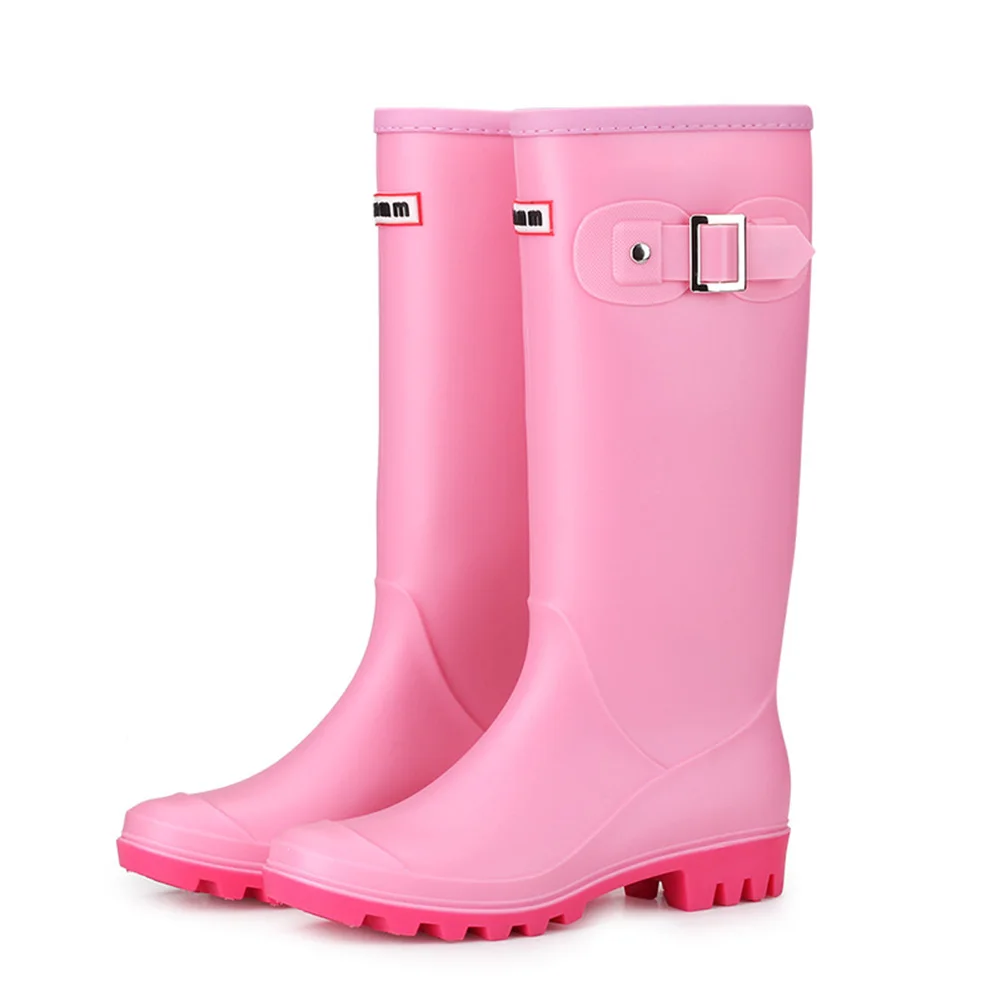 

Women Insulated Warm Lined Buckles Cold Weather Rain Boots Block Heel Pull-on Round Toe Waterproof High Wellington Oil Resistant