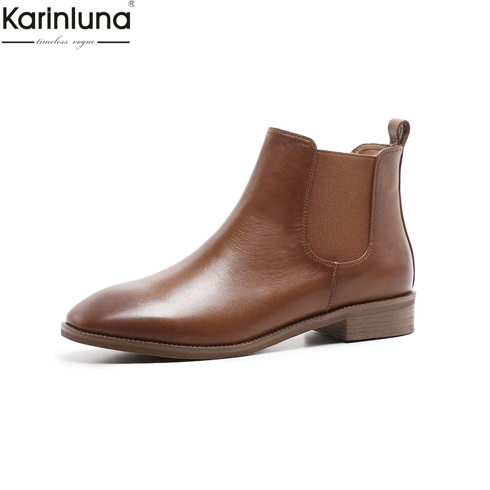 

Karinluna brand new dropship genuine leather chelsea Boots Women Shoes Woman chunky heel fashion elastic band Shoes Woman Boots