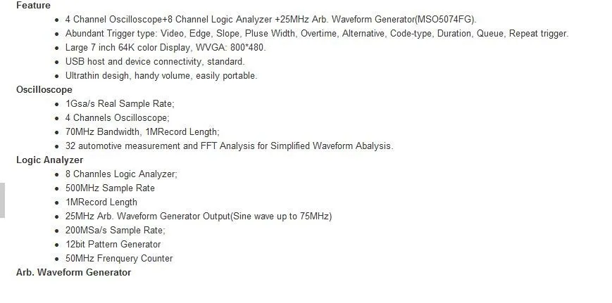 Hantek MSO5074F " TFT lcd 800*480 70 Mhz 1GSa/s 4Ch цифровой осциллограф+ 8 Ch логический анализатор+ 25 MHz Arb