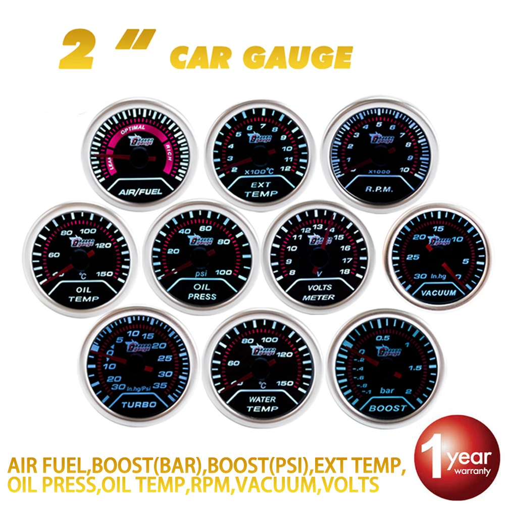 

DRAGON GAUGE Car Gauge 2" 52mm Bar Boost Turbo PSI VACUUM WATER TEMP OIL TEMPERATURE OIL PRESS VOLTS AIR/FUEL EXT TEMP RPM