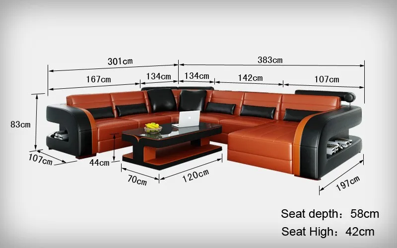 Оранжевый и черный диван из натуральной кожи для гостиной
