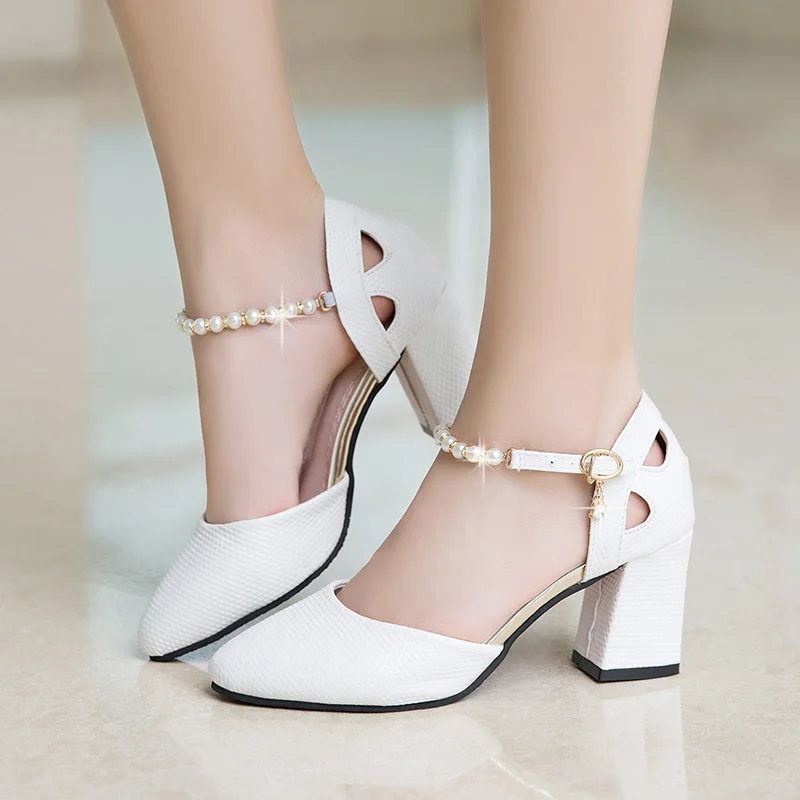 Spring Women Wedding Shoes String Bead Ankle Strap Dress Shoes White ...