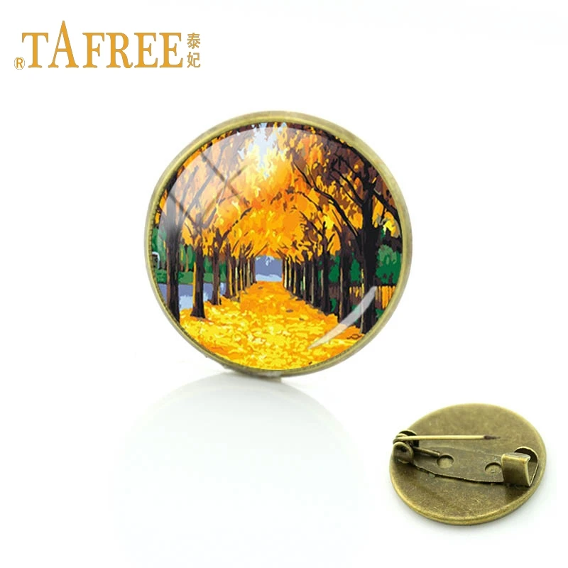 

TAFREE Beautiful natural scenery Brooch Full of golden leaves Time gems ornaments Art Picture alloy brooch dress jewelry TB191