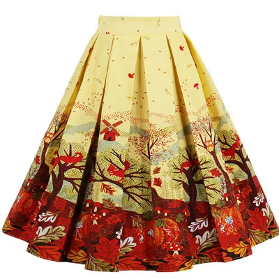 yellow skirt 13 Ретро хлопок банан цветочный принт плиссированная юбка высокая талия винтажные юбки для женщин 50 s Одри Хепберн Стиль Saias миди Пышная юбка - Цвет: yellow skirt 13