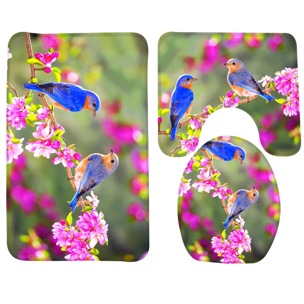3pcs Bath Mat Lovely Two Little Blue Birds on A Blossom Branch Bath Mat