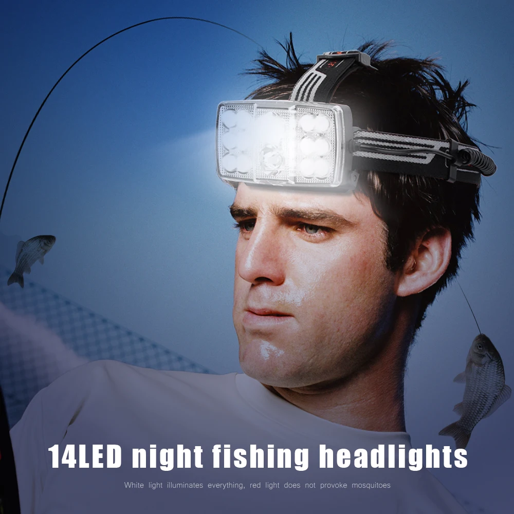 14 светодио дный светодиодный ночной рыболовный налобный фонарь красный свет наружная фара водостойкая вспышка фонарь для охоты, 18650