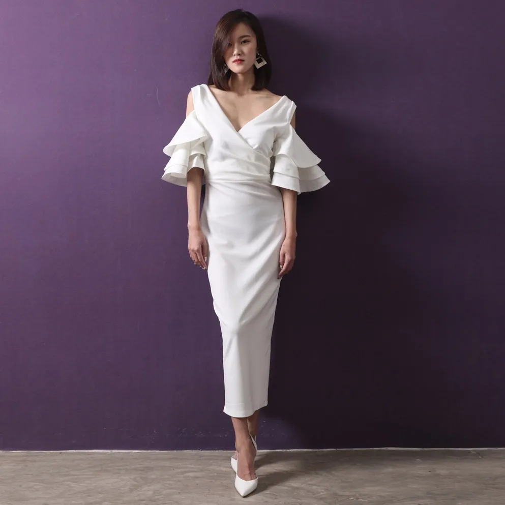 Vivian's Bridal 2018 Мода Ruched три слоя Ruffle Sleeve Pencil платье чистый цвет V шеи чай Длина Женщины Тонкий платье Вечерние