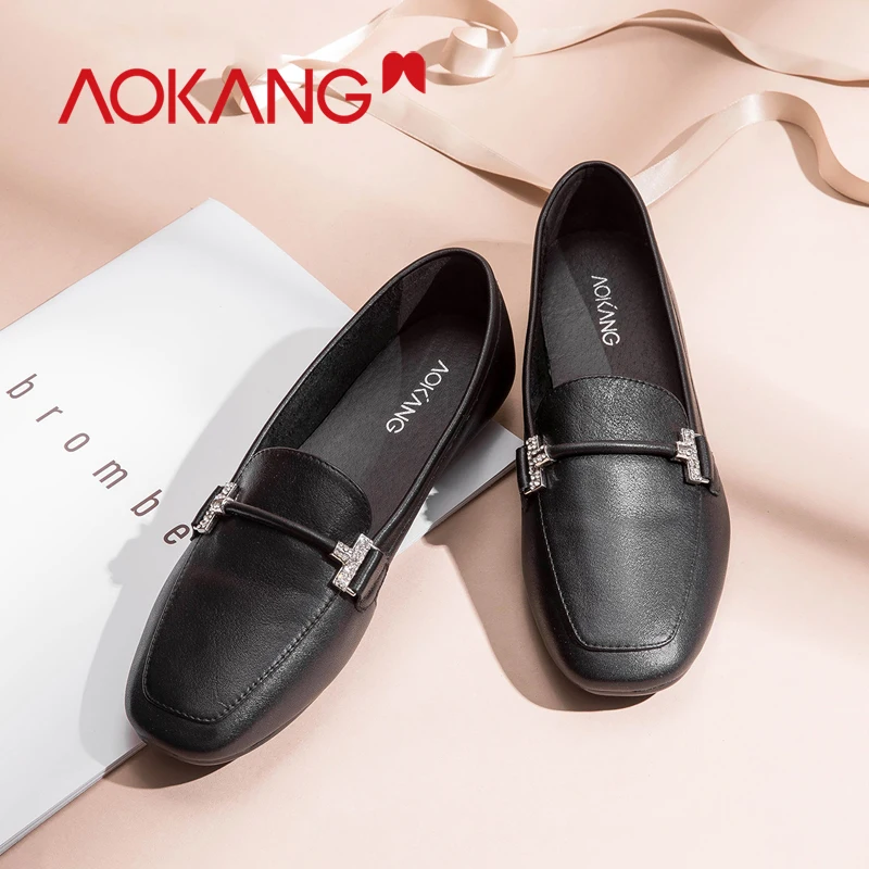 

Aokang Women Flats shoes Loafers Black Slip on Flat Shoes Genuine leather Flats Comfortable Ladies shoes Woman