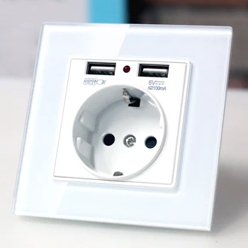 

EU wall Power plug Socket with usb outlet, Glass 2A Dual USB Charger plug wall outlet, 16A 2100ma Electrical Wall Power Socket