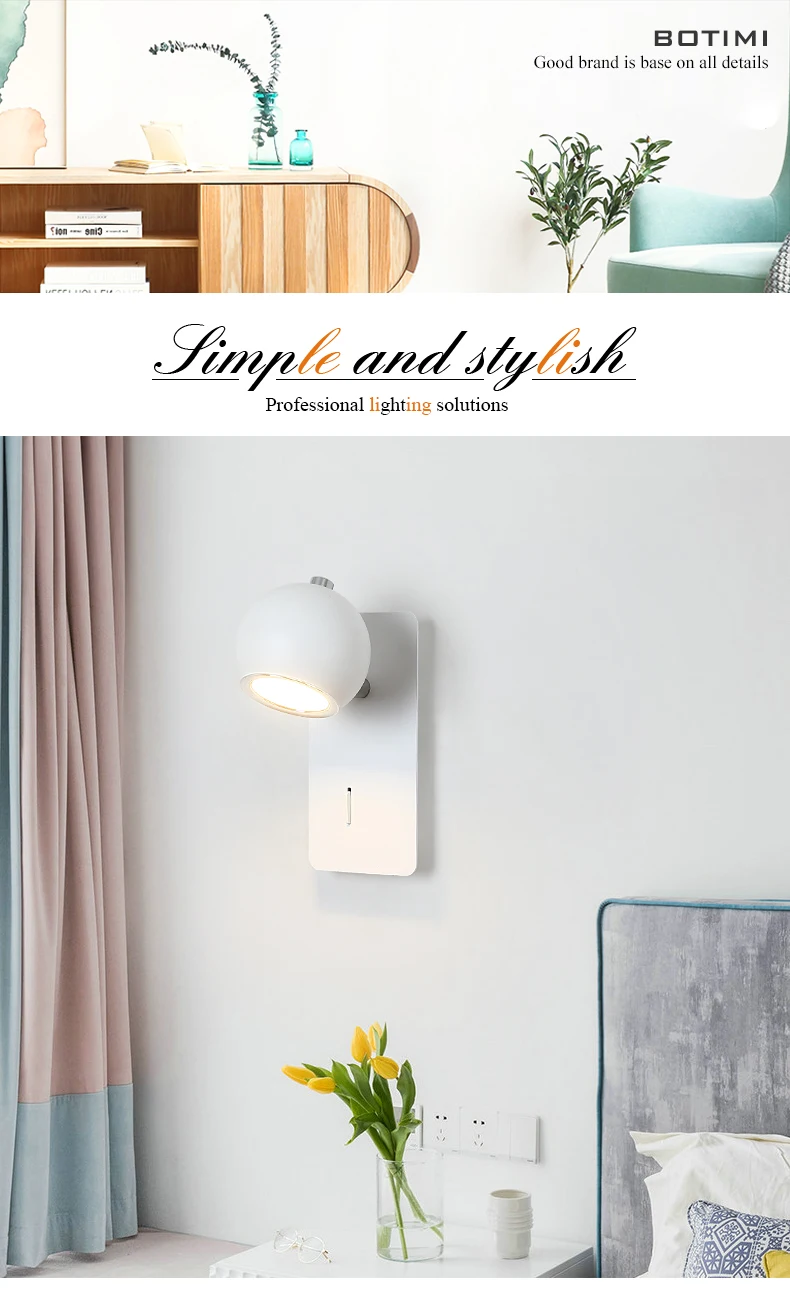 BOTIMI, современный светодиодный настенный светильник, деревянный настенный светильник, регулируемый светильник, металлический прикроватный светильник, белый светильник для чтения