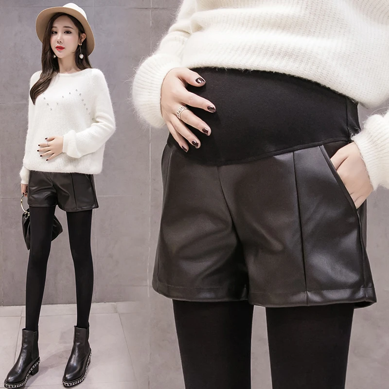 1869.0¥ 5% OFF|1079 # 黒 PU 産前ショーツ Auutmn 冬のファッション中のハイウエストショートパンツの調...