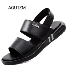 AGUTZM 2182 черный с украшения из металла из натуральной кожи, на нескользящей подошве, резиновая подошва Для Мужчин's Босоножки плюс Размеры: 36-45
