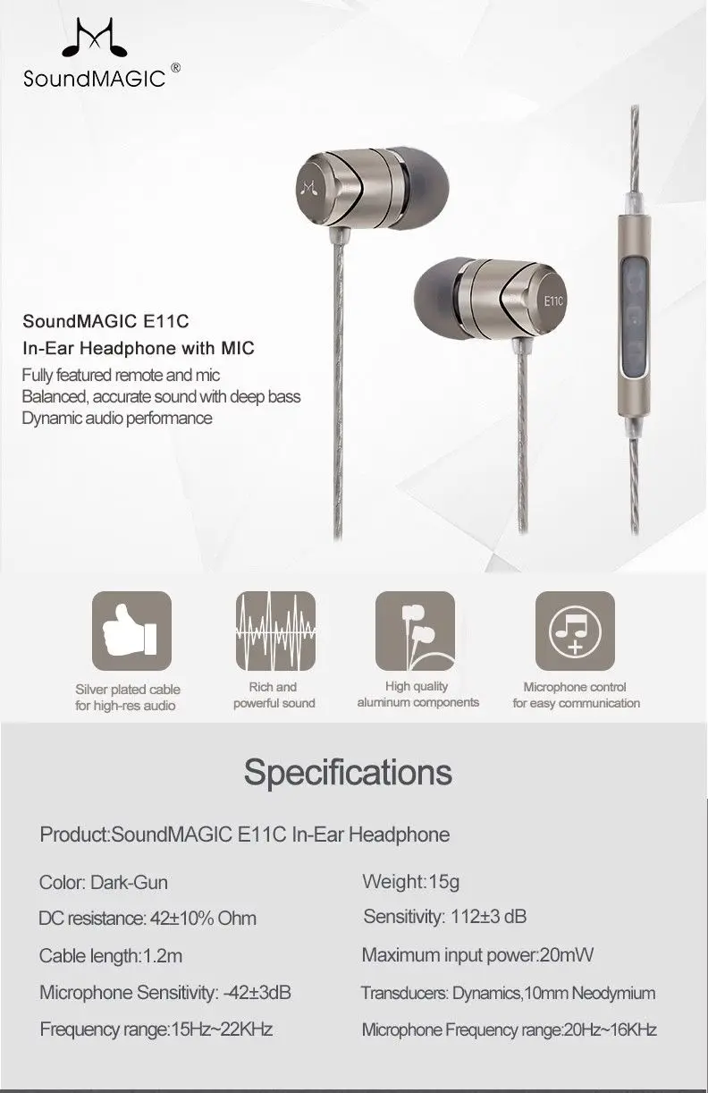 SoundMAGIC E11C шумоизолирующие наушники-вкладыши с микрофоном и универсальным пультом дистанционного управления для всех смартфонов