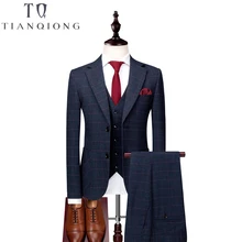 Пиджак+ жилет+ брюки) мужской повседневный костюм из трех предметов, деловой Свадебный костюм, модный клетчатый темно-синий приталенный костюм