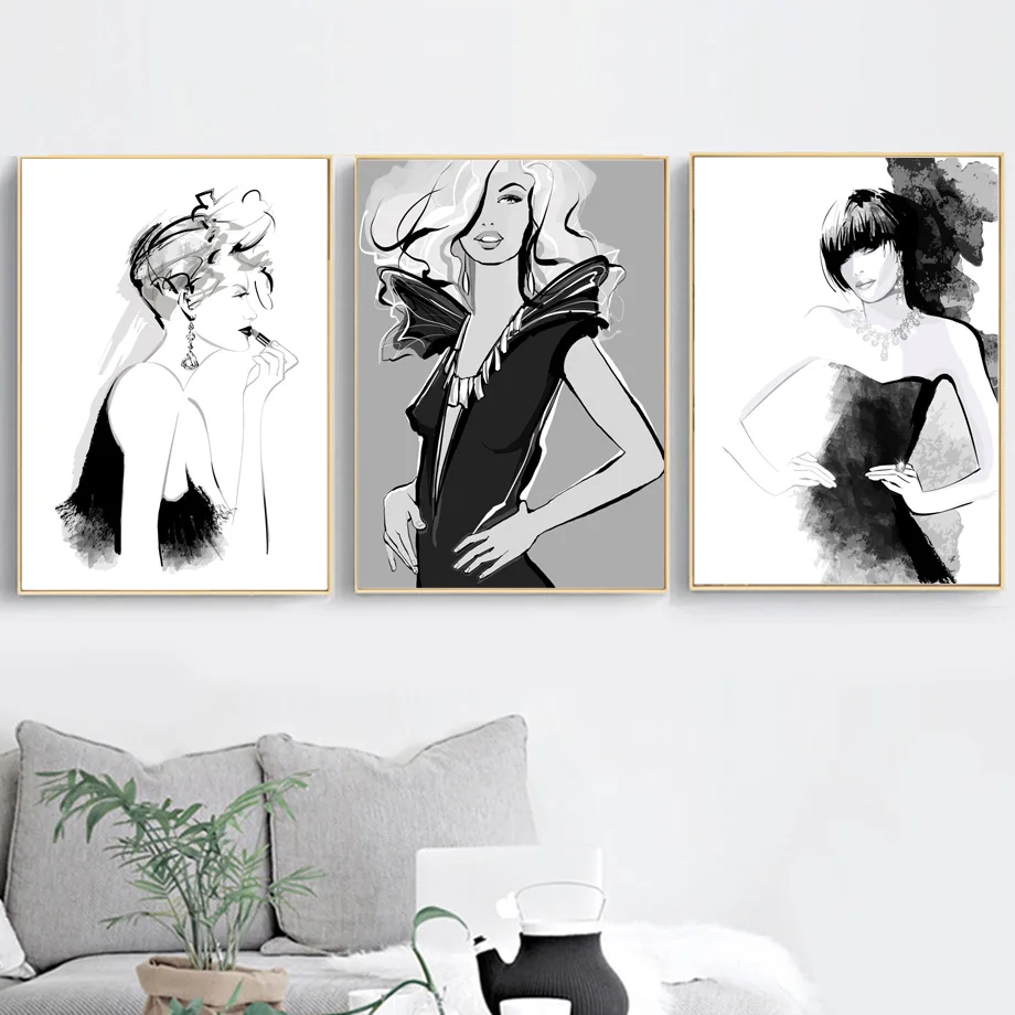 

Watercolor Fashion Girl Nordic Poster And Prints Wall Art Canvas Painting Black White Wall Picture For Living Room Bedroom Decor