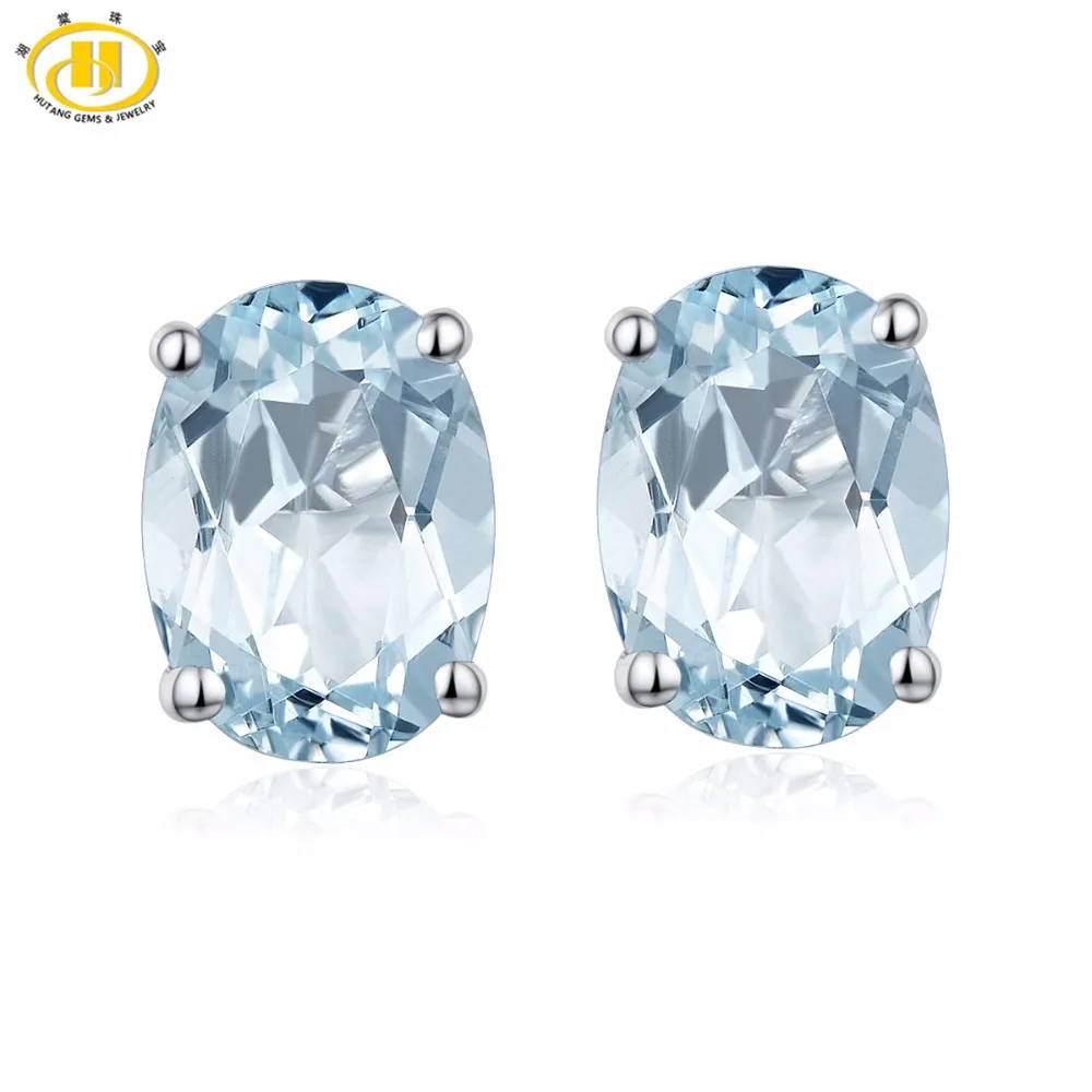 HUTANG 1.341ct Natural Aquamarine Oval 7x5mm Stud Earrings Solid 925