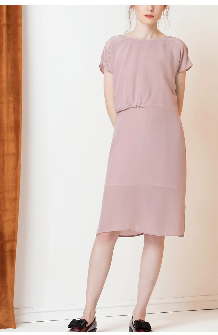 Женское шелковое платье, натуральный шелк, креп, одноцветные офисные платья для женщин, о-образный вырез, длина до колен, шелковое платье, лето, новое розовое
