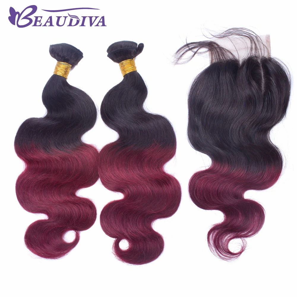 BEAUDIVA Pre-Colored T1B/Burgundy Body Wave Human Hair Bundles With Closure Human Hair 3 Bundles With 4*4 Body Wave Lace Closure brazilian-body-wave-hair-bundles-with-closure