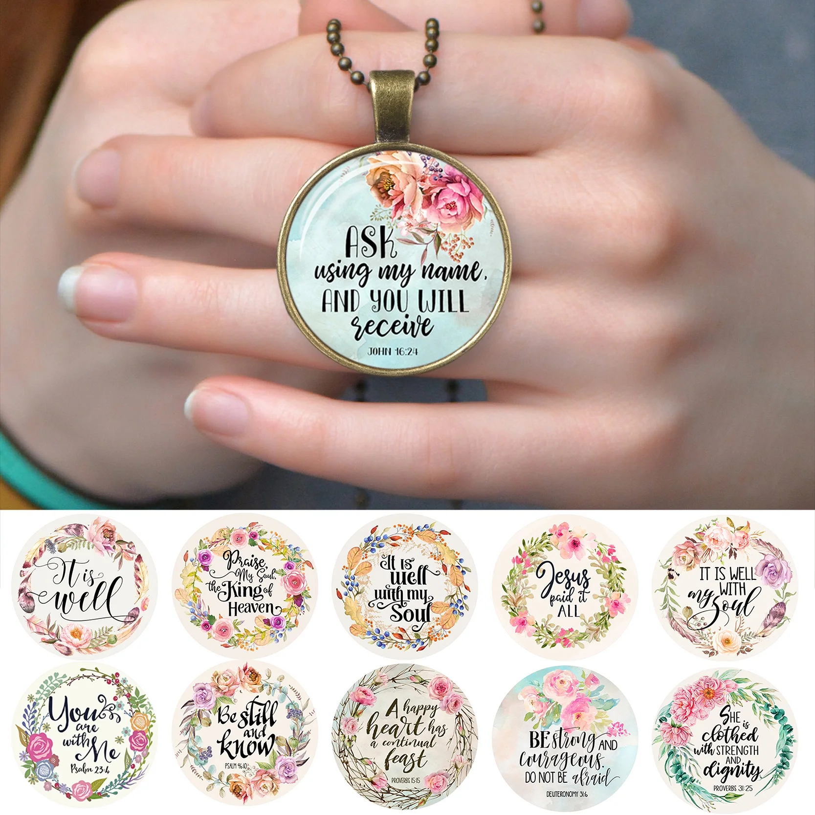 Bible Verse It Is Well with My Soul Glass Dome Cabochon Pendant Necklace Antique Bronze Bead Chain Creative Faith Jewelry Gift