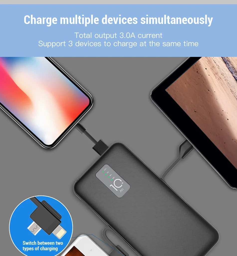 Cager 10000mAh power Bank 3A с кабелем внешняя батарея для iphone samsung usb type C вход с зарядным кабелем power bank