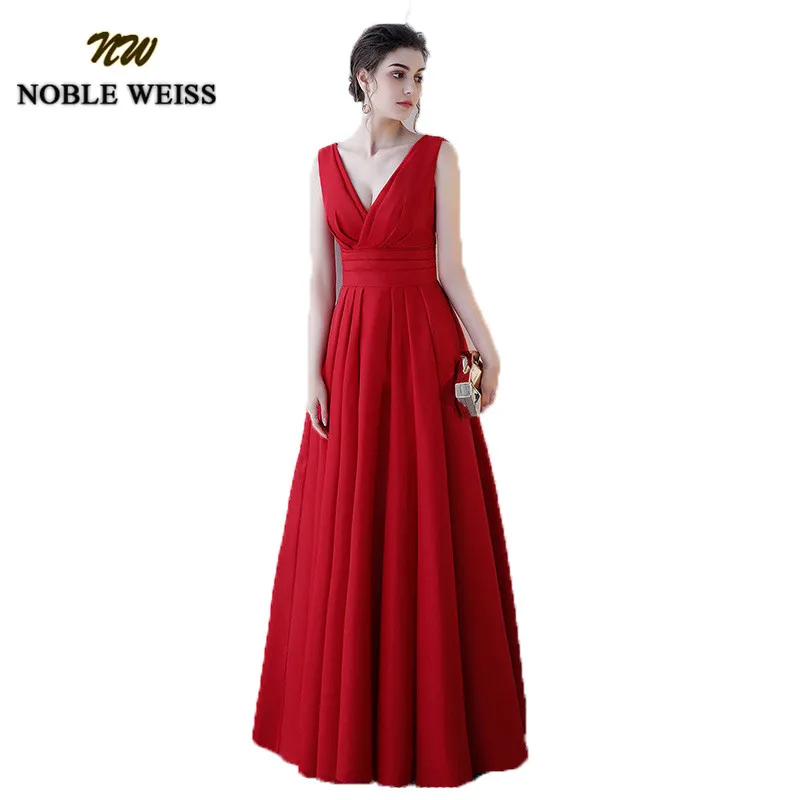 

NOBLE WEISS Elegant Satin Red Prom Dresses Long Floor Length Special Occasion Gowns With Sexy V-neck Girls vestido de festa