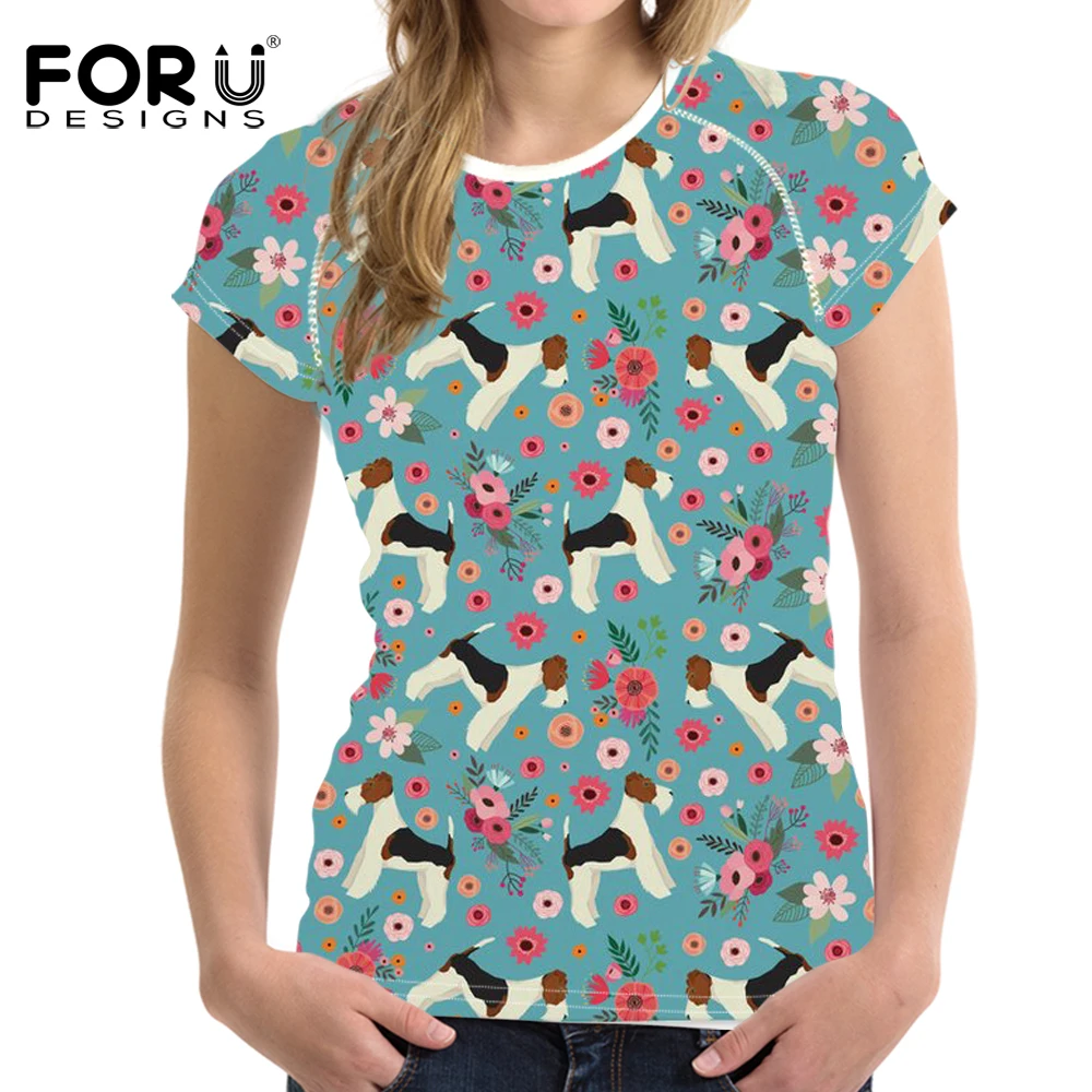

FORUDESIGNS Funny Fox Terrier Flower Printed T Shirt Women Cute Puppy T-shirt Female Floar Pattern Tee Shirt for Teen Girls Tops