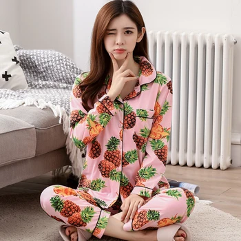 

Cartoon Pineapple Woman Cotton Long sleeved Sleepwear Cotton Pajama sets Button Pocket Lady Tracksuit Pyjamas Suit Spring Fall