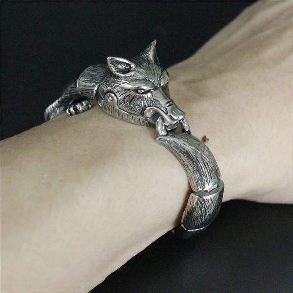 Диаметр 6 см Волк браслет 316L нержавеющая сталь модные ювелирные изделия для мужчин мальчик тяжелый серебряный браслет животных
