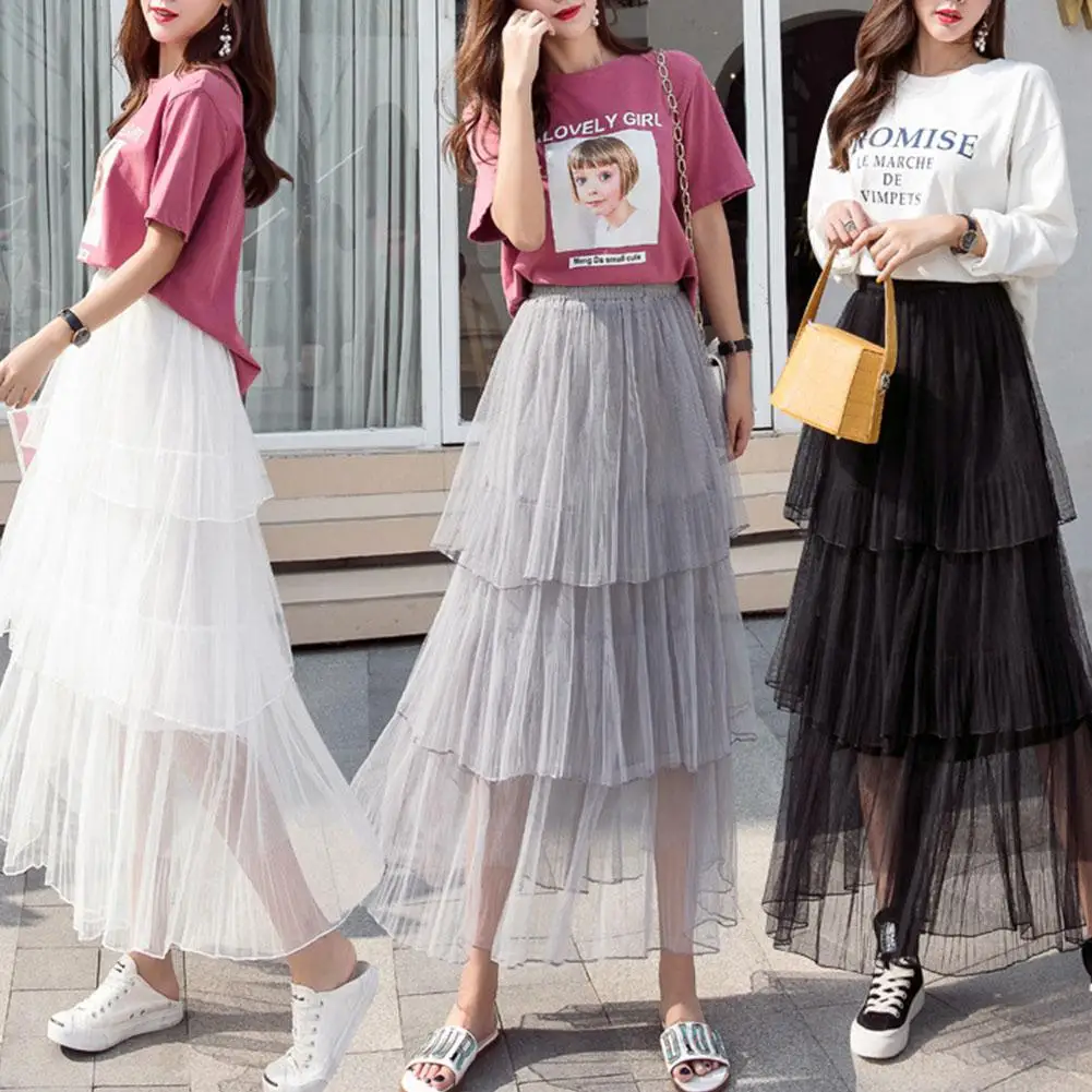 Yfashion Women Summer Cake Skirt New Fashion Mesh Layered Skirts Sweet Style Casual High Waist Skirt for Women Female