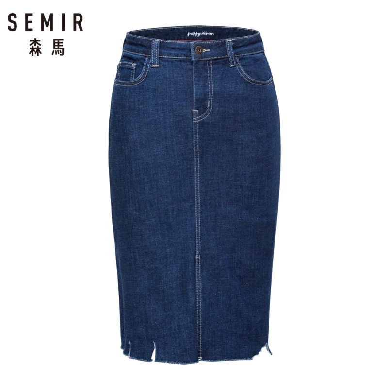 

SEMIR Women Denim Pencil Skirt in Cotton Blend with Raw-edge Hem Women's Denim Skirt with Zip Fly with Button in Chic Style