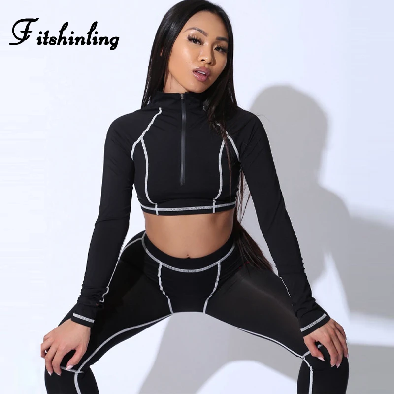 

Fitshinling Zipper-Up Women Suits Athleisure Sportsuites Autumn Long Sleeve Autumn Tracksuit T-shirt Legging Fitness 2 Piece Set