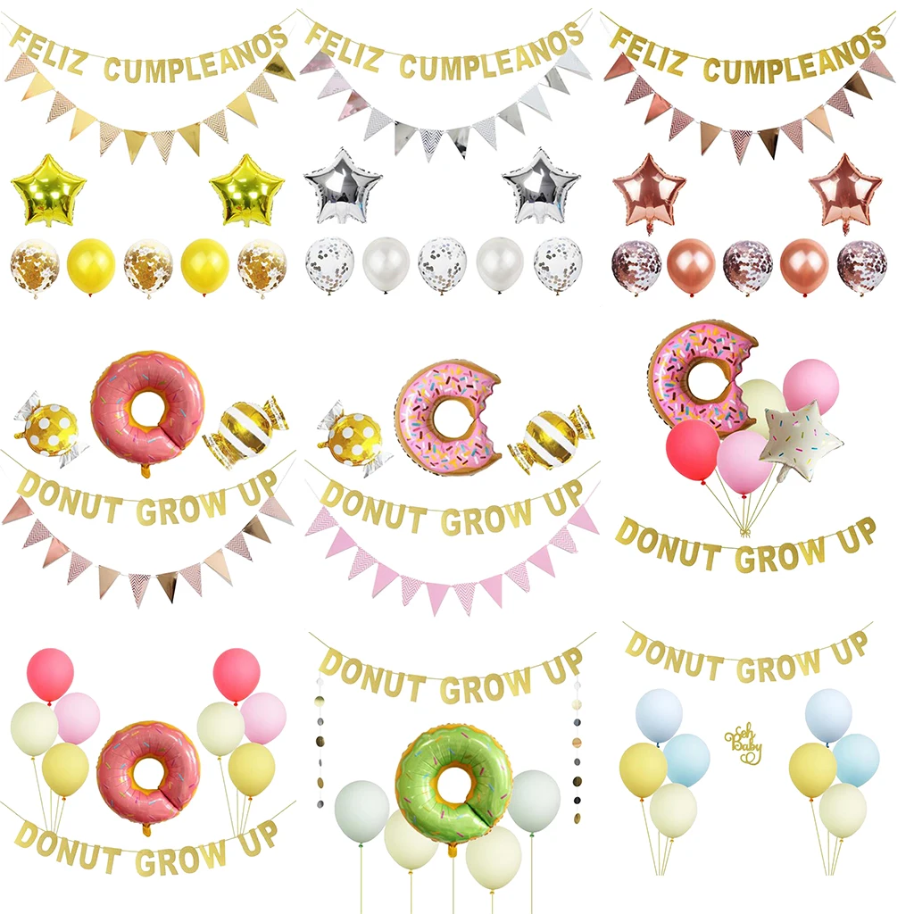 Donut Birthday Party Decorations Kit Donut Grow Up Banner Latex Confetti Balloons