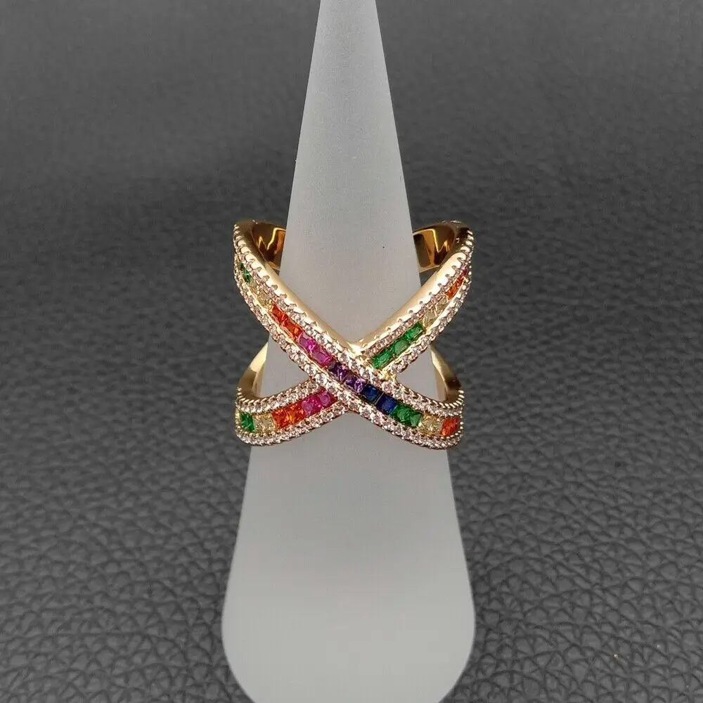 

Criss cross X shape design Golden color cz cubic zirconia ring size 6 7 8 9 rings