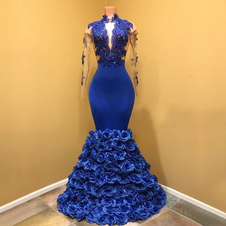 Gorgeous Mermaid High Neck Sheer Long Sleeve Handmade Flowers Royal Blue African Long Prom Dresses 2018 168_conew1