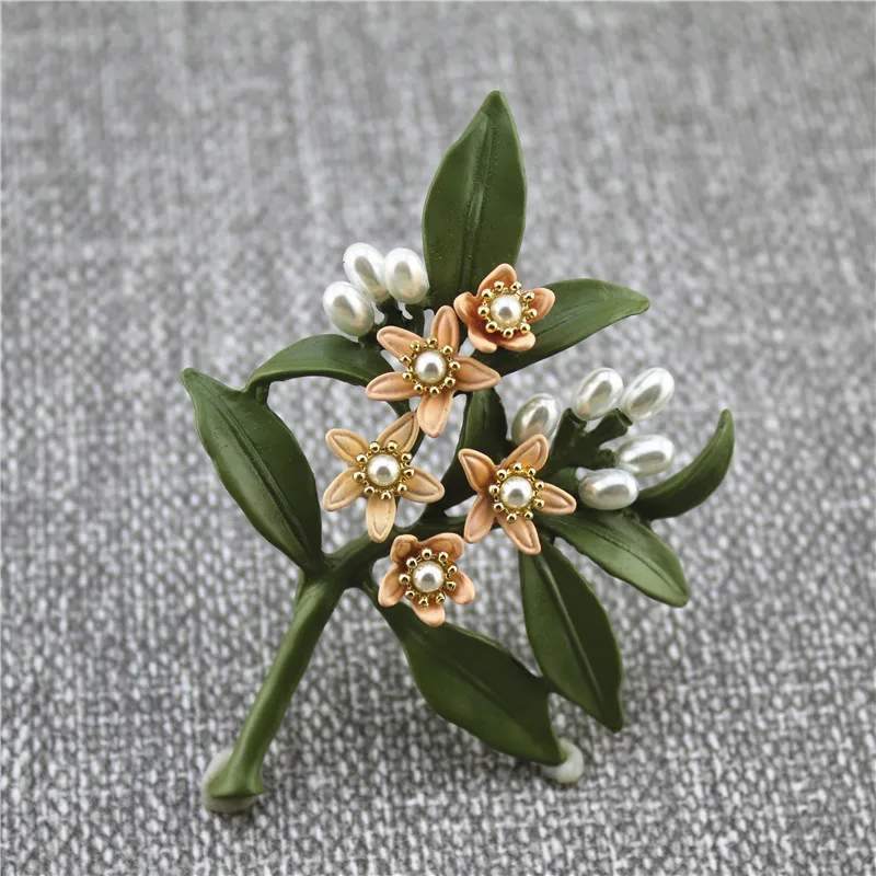 

Vintage Antique Court Orange Flower Half Hole Pearl Green Antique Painted Earrings Brooch
